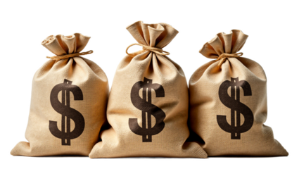 Burlap money sacks with dollar sign, finance concept, isolated on white. Business, wealth, investment, savings. Isolated on transparent background.