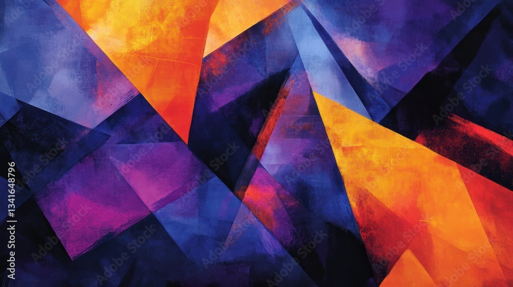Poster a bold geometric abstraction using sharp, angular shapes in deep blues, purples