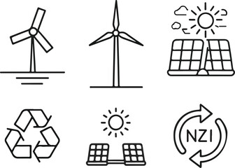 Net Zero Icons Set Editable Stroke Vector Line Art Sustainable Energy Symbols Collection
