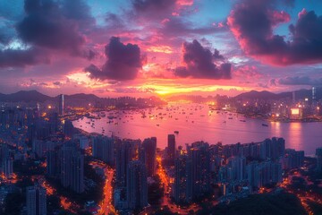 Obraz premium Hong Kong Skyline Sunset Cityscape Aerial