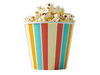 Striped Popcorn Bucket Overflowing with Buttery Popcorn in Retro Cinema Style PNG file isolated on transparent background ,cut out, clipping path, close up, high quality
