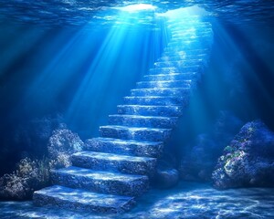 Underwater Staircase Leading To Sunlight. Background Ocean. Use Inspiration