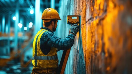 Obraz premium Professional using a digital measuring tool to verify wall alignment on a construction site