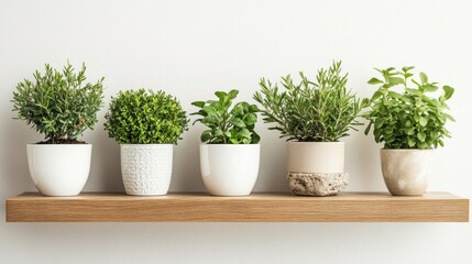 Fototapeta premium A bunch of small green houseplants in modern white pots with stone bases, arranged harmoniously on a clean