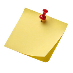 Yellow sticky post it note with red pushpin isolated on white background