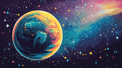 Fototapeta premium A cartoonish colorful planet silhouette with exaggerated features, floating among whimsical stars