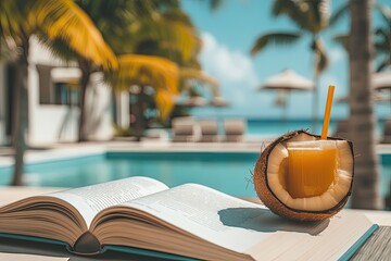 A sun lounger with a summer novel and a coconut drink at an oceanfront resort