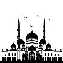 A black and white silhouette of a grand mosque with multiple domes and minarets, featuring a crescent moon and stars in the background. Islamic ornamental patterns subtly incorporated.svg