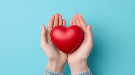 Obraz premium Hands cradling a red heart against a light blue background, symbolizing love, care, and compassion.
