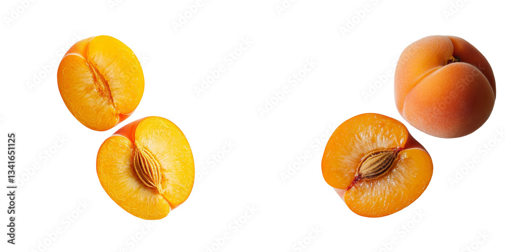 Poster Generative ai is used to depict isolated apricot halves on a transparent background