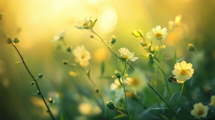 Fototapeta premium Fresh yellow flowers bloom in soft green meadows under gentle sunlight in early spring, creating a serene and vibrant natural landscape