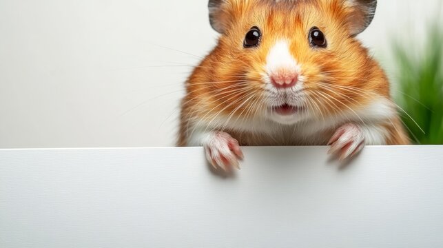 Hamster is looking at the camera and is standing on a white board. The hamster is looking at the camera with a smile on its face