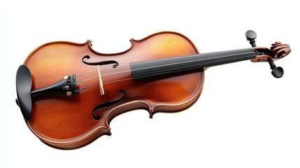 Fototapeta premium A classic wooden violin with a rich brown finish and elegant curves, isolated on a white background.