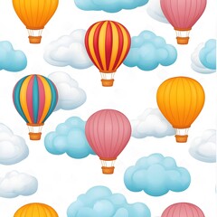 A repeating pattern of fluffy clouds with colorful hot air balloons drifting among them.