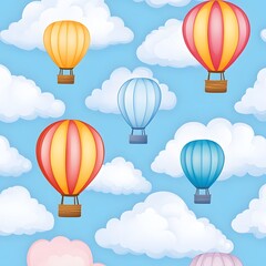 Obraz premium A repeating pattern of fluffy clouds with colorful hot air balloons drifting among them.