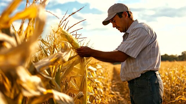 A farmer harvesting corn by hand, with large corn stalks towering over the worker.
