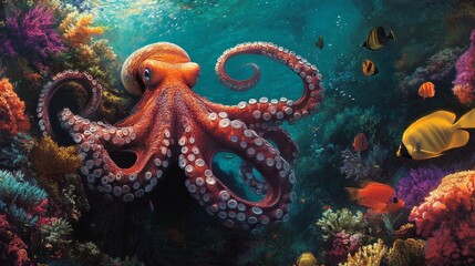 Octopus camouflages in coral shadows underwater gigapixel image marine life close-up hidden wonders