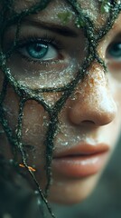 Mystical Portrait: A close-up of a captivating woman with striking blue eyes, her face adorned with delicate moss and water droplets, evoking a sense of mystery, fantasy.