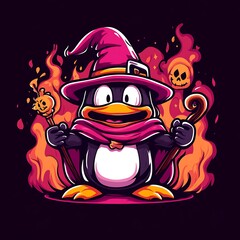 Obraz premium A cartoon penguin wearing a wizard hat and cape amidst flames