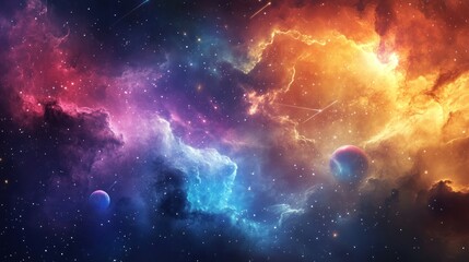 Obraz premium A colorful deep-space canvas with interstellar clouds, shooting stars, and an ethereal planetary system