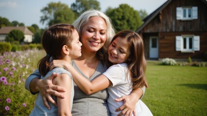 Caucasian mature female and two children embracing in garden with rustic house background