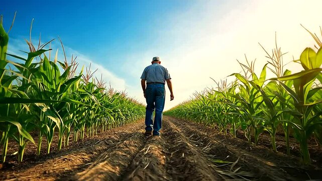 A farmer harvesting corn by hand, with large corn stalks towering over the worker.