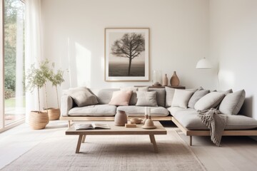 Interior of a Scandinavian minimalist cozy living room with neutral decor and large windows
