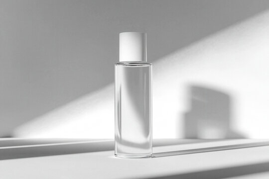 Bottiglia di profumo minimalista in vetro trasparente con tappo bianco su sfondo bianco con ombre naturali, mockup