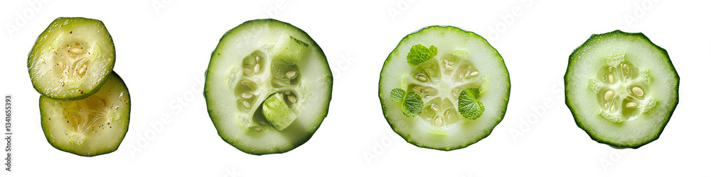 Poster On a transparent background, an isolated fresh green cucumber slice has been generated using AI