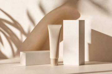 Prodotti cosmetici in packaging minimalista beige, tra cui crema e tubo su superficie chiara con ombre naturali, mockup