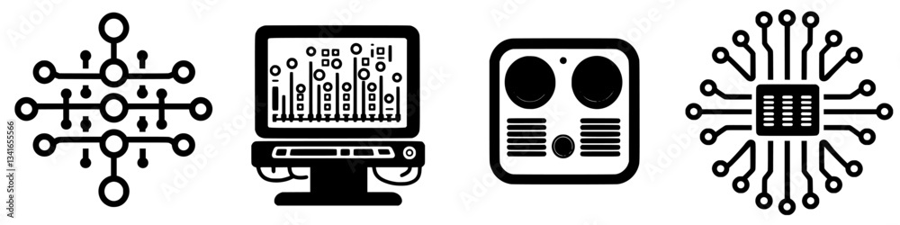 Poster modern technology symbols illustrate data analysis and computer processing in a digital landscape