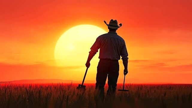 A silhouette of a farmer standing in the middle of a large field, holding a pitchfork as the sun sets behind him.
