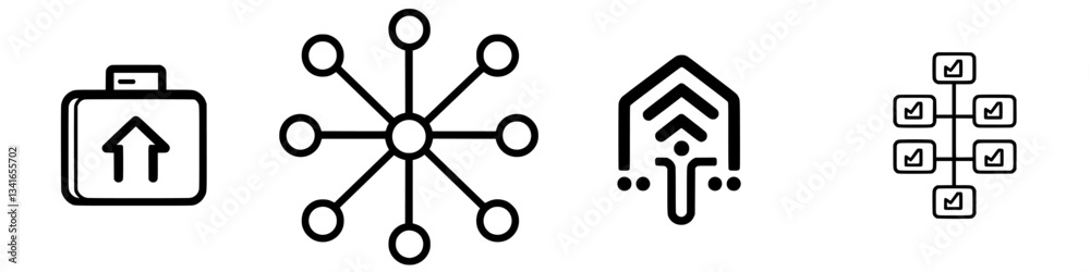 Poster visual representation of data flow and connectivity through various icons on a clean background