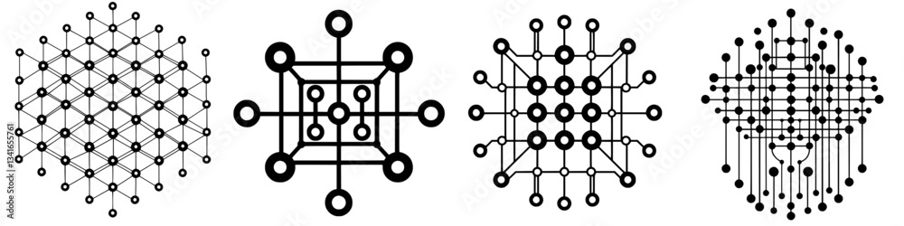 Poster geometric patterns showcasing various network structures in black and white on a neutral background