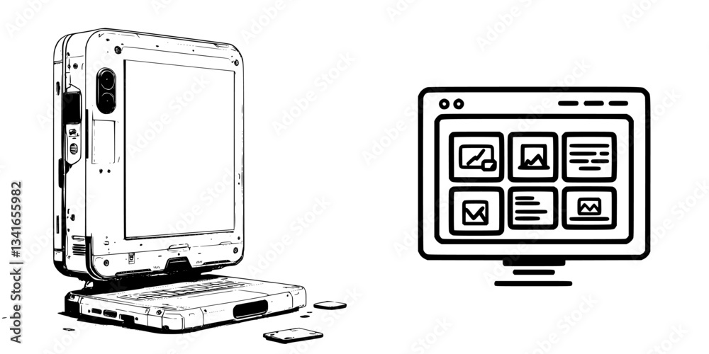 Poster sketch of a portable computer and a monitor with various application icons in a modern workspace env