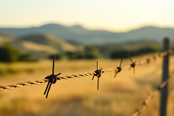 Obraz premium Rustic barbed wire fence against golden sunset landscape hills day view farm rural field metal image