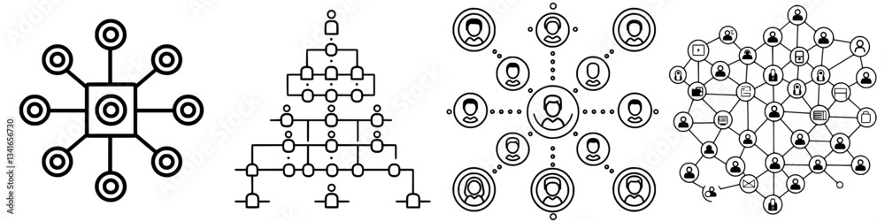 Poster visual representations of various network structures showing connections and interactions among user