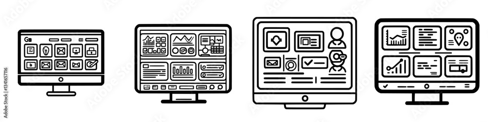 Poster collection of digital screens displaying various user interface designs and data visuals in a modern