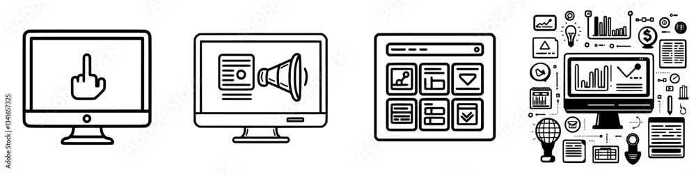Poster collection of computer screen icons illustrating various digital functions and actions in a minimali