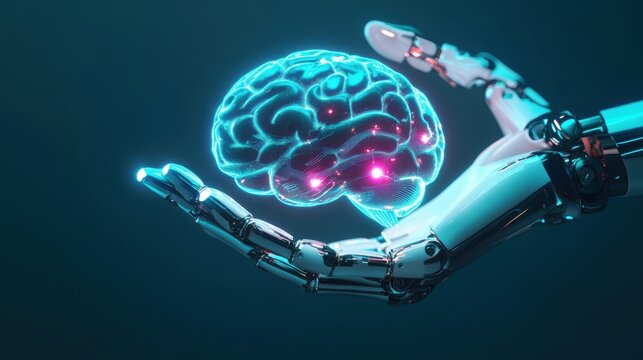 Robotic hand holding a neon-lit brain, symbolizing artificial intelligence, futuristic technology, and innovation. Perfect for sci-fi themes, tech projects, or AI-related content
