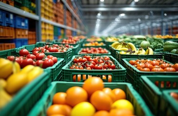 Obraz premium A vibrant warehouse filled with green crates of fresh fruits including oranges, lemons, tomatoes, and apples, organized in neat rows, bright overhead lighting