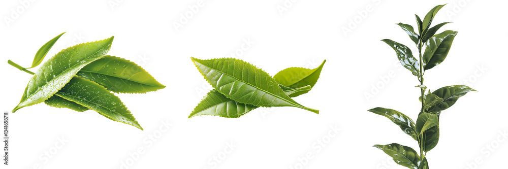 Poster realistic green tea leaf isolated on transparent background, a creation of generative ai technology