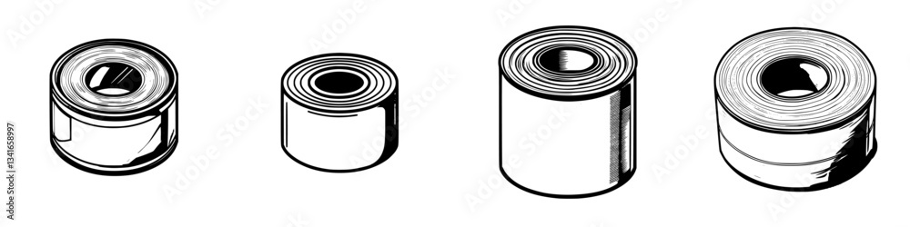 Poster different shapes and sizes of rolled material displayed on a white background showing various groove