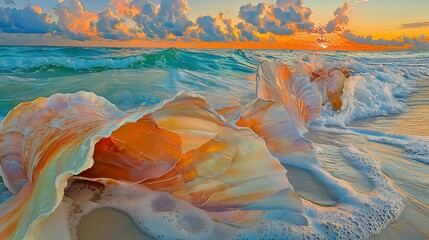 Naklejka premium Sunrise Seashells Beach Scene