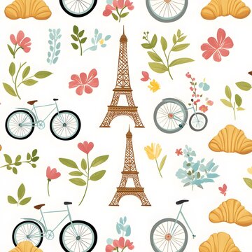 A repeating pattern of classic Parisian elements like the Eiffel Tower, croissants, and vintage bicycles.