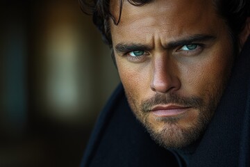 Fototapeta premium Man With Strong Jawline and Serious Expression Gazes Intently at the Camera in a Dimly Lit Surrounding, Highlighting Striking Blue Eyes and Rugged Features