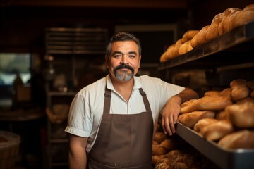 Portrait of a middle aged Hispanic worker in bakery