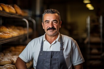 Portrait of a middle aged Hispanic worker in bakery