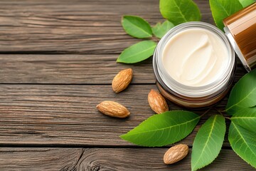 Shea butter nourishing cream skin Natural skincare cream with almonds and leaves on wooden background.