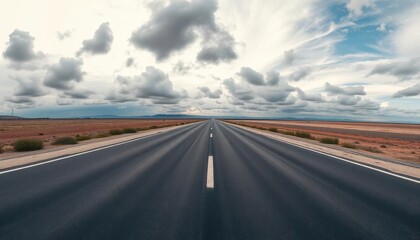 Fototapeta premium Panorama view of asphalt road stretching to horizon under cloudy sky, beautiful, outdoor